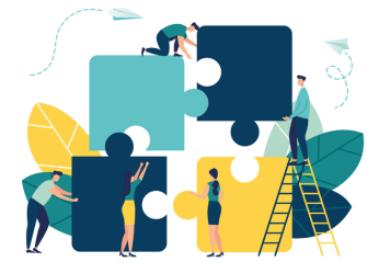 Illustration of people assembling a giant puzzle