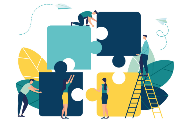 Illustration of people assembling a giant puzzle