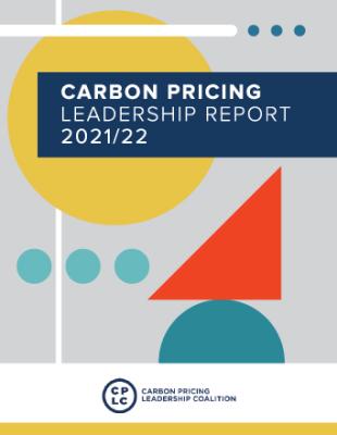 Carbon Pricing Leadership Report 2021-2022 Cover Image Yellow circle, orange triangle, 3 teal coloured dots in a grey background