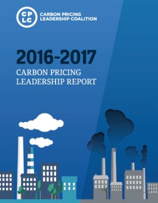 Carbon Pricing Leadership Report Cover Image Blue background with animated pictures of air pollution from buildings
