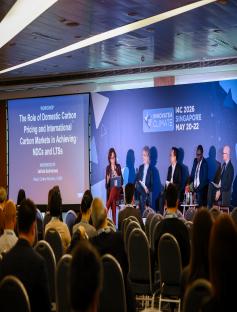 Panel discussion featuring representatives from Chile, Thailand, Eastern Africa Alliance on Carbon Markets and Climate Finance, GGGI, and UNDP at the report launch during I4C 2026 in Singapore
